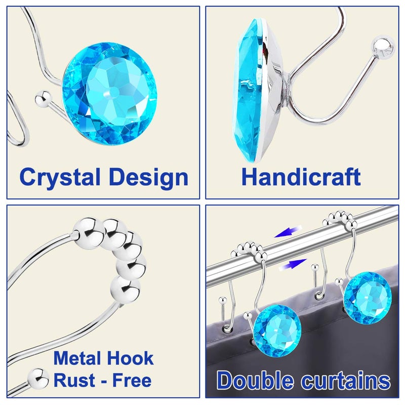 Yapicoco Shower Curtain Hooks Rings for Bathroom, 12PCS Double Hooks Glide Anti Rust Crystal Rhinestones Shower Curtain Rings Hangers for Shower Curtains, Clothing, Towels, etc. (Aqua Blue) - Image 2